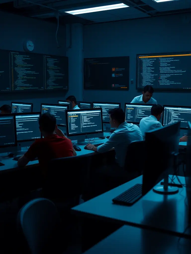 A modern computer lab with students learning coding and digital skills, preparing them for the digital age.