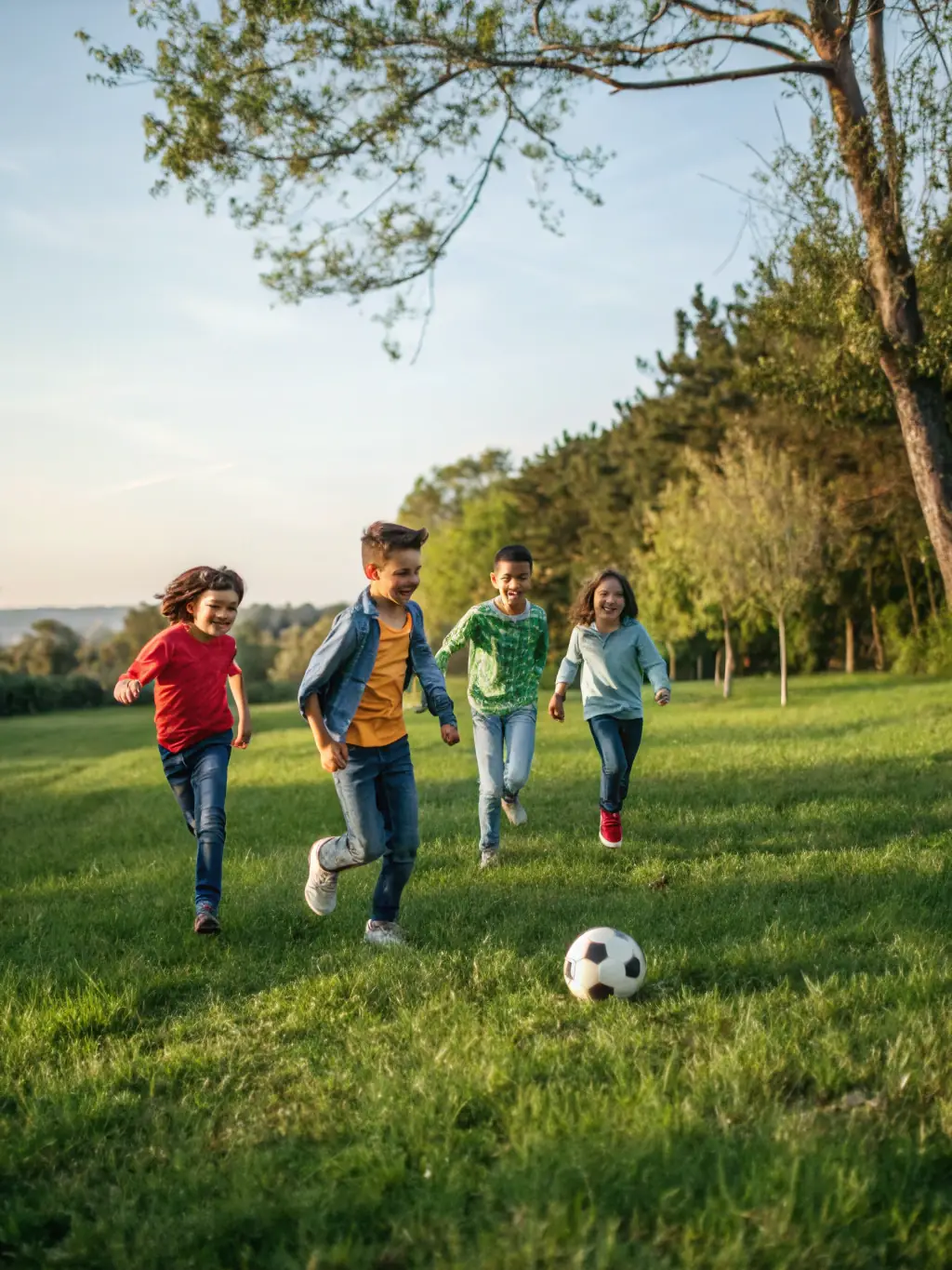 A sports field with students playing soccer, promoting physical activity and teamwork.
