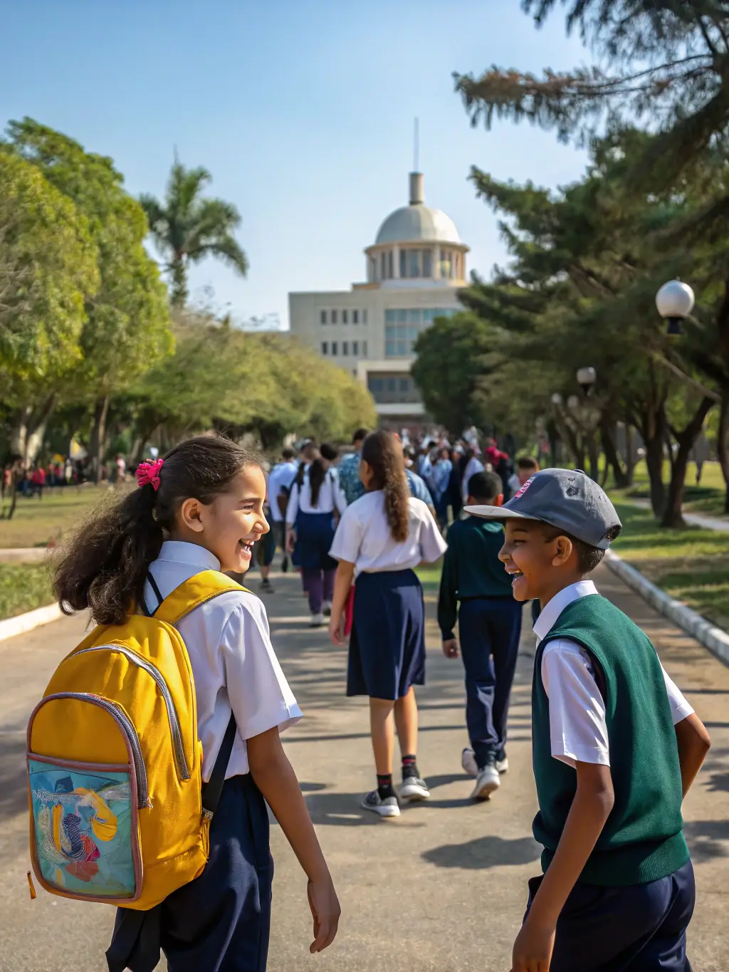A group of diverse students happily walking into Mapfungausti Primary School on a sunny morning, symbolizing the welcoming and inclusive environment of the school.